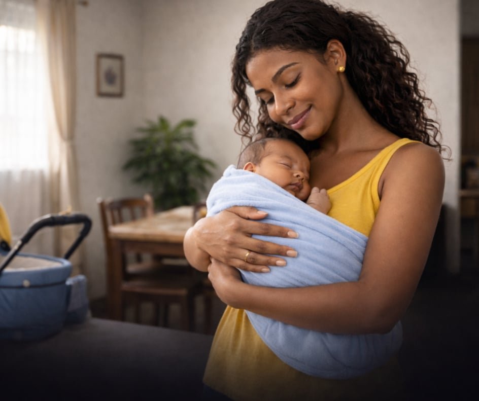 Mãe negra com bebê representando o Auxílio Maternidade Urbano